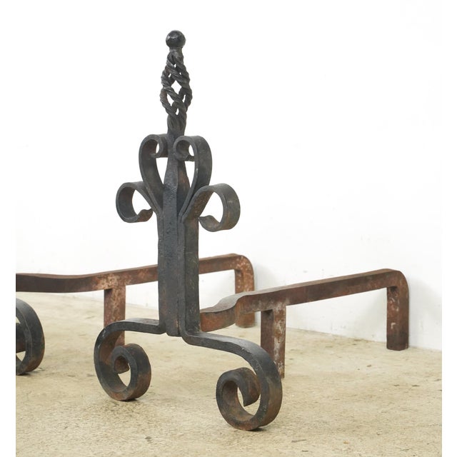 Early 20th Century Pair of Antique French Wrought Iron Andirons For Sale - Image 5 of 9