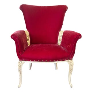 Vintage Louis XV Style Wingback Bergère Chair in Ruby Velvet With Carved Distressed Frame For Sale