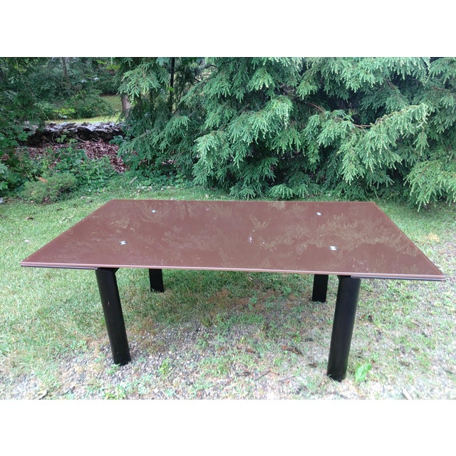 Brown 1990s Expandable Custom Made Chocolate Brown Glass Table With Black Chrome Metal Base For Sale - Image 8 of 11