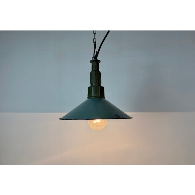 Industrial Petrol Enamel Military Pendant Lamp with Cast Aluminium Top, 1960s For Sale - Image 9 of 17