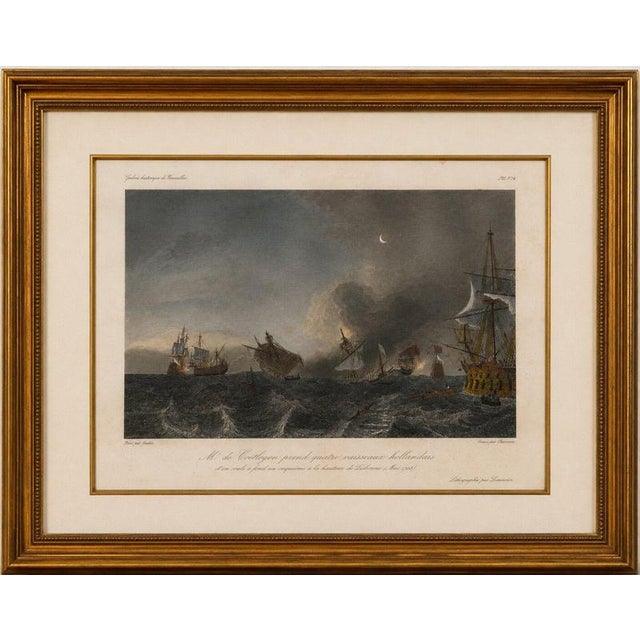 Title: Coëtlogon Captures Four Dutch Warships off Lisbon, 1839 Original antique hand-colored steel engraving depicting the...