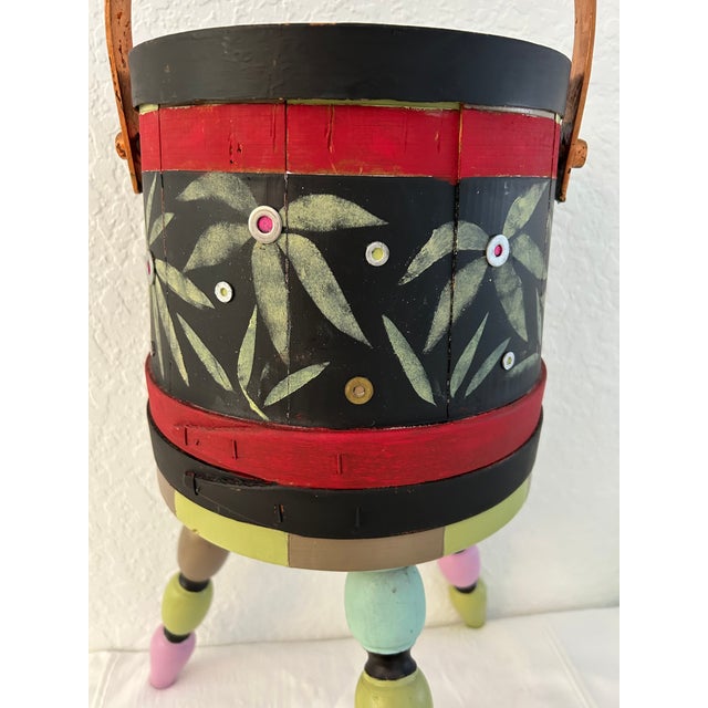 French Country Vintage Standing Tole Painted Wood Sewing Box For Sale - Image 3 of 6