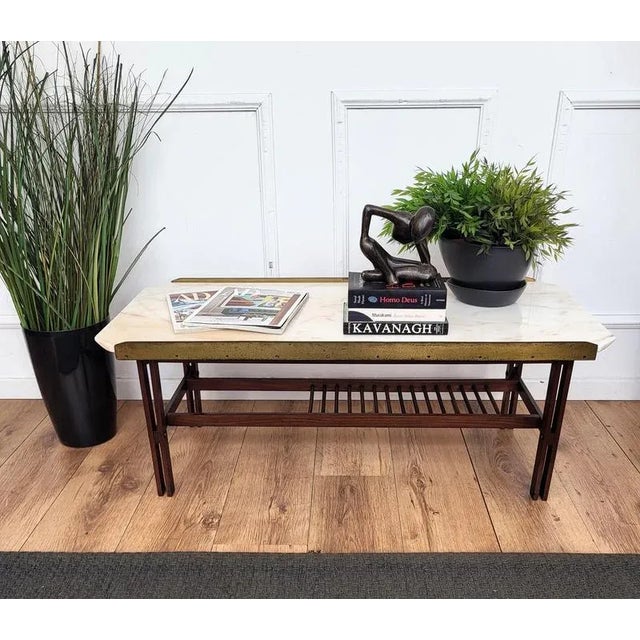Mid-Century Modern Italian Marble Brass and Wood Cocktail Coffee Table by Milo Baughman, 1960s For Sale - Image 3 of 9