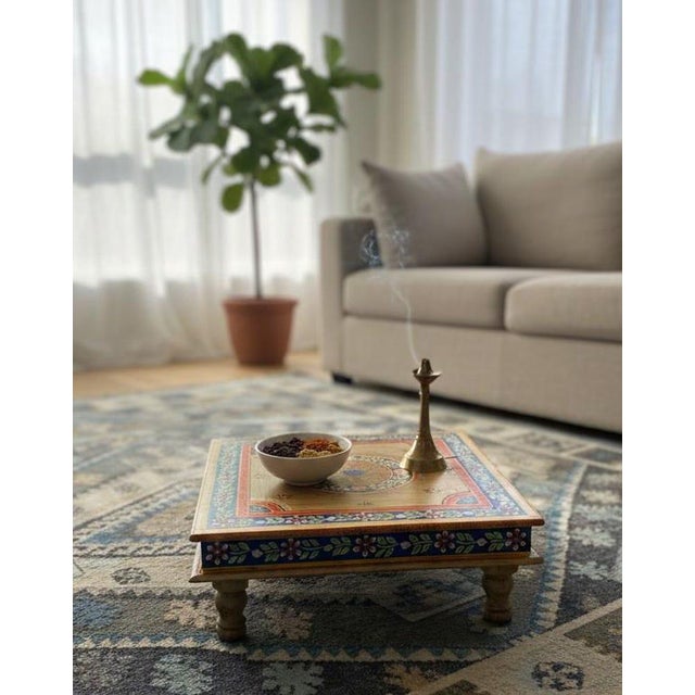 Hand-Painted Mango Wood Bajot Table – Mandala Boho Coffee Table Plant Stand For Sale - Image 4 of 8