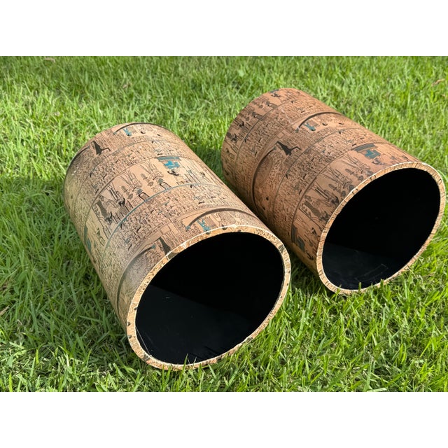 Tan Vintage Egyptian Revival Paper-Covered Wastebaskets | Pair For Sale - Image 8 of 12
