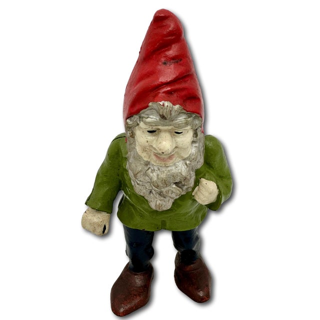 Ruby Red Hard to Find Unusual Model Antique American Cast Iron Figurative Standing Gnome Doorstop - Circa 1920s For Sale - Image 8 of 18