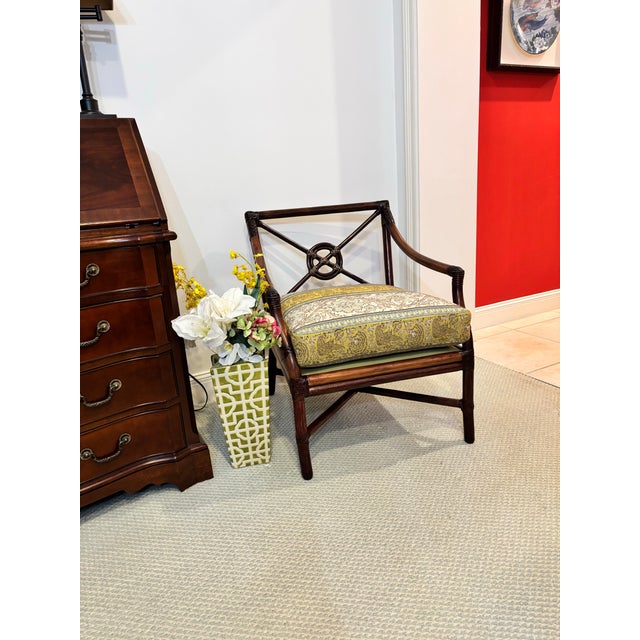 McGuire 2 Professionally Refurbished McGuire Target Back Rattan Lounge Chairs With Ottoman. Upholstered in New Curated Green and Blue Vintage Fabric. For Sale - Image 4 of 12