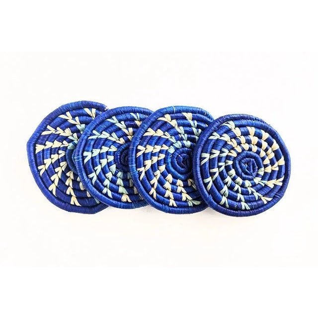 Blue Woven Raffia Drink Coasters- Set of 4 For Sale - Image 4 of 4