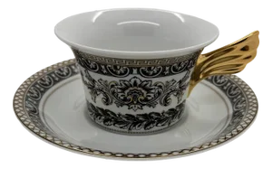 Marqueterie Tea Cup and Saucer by Versace for Rosenthal, 2017, Set of 2