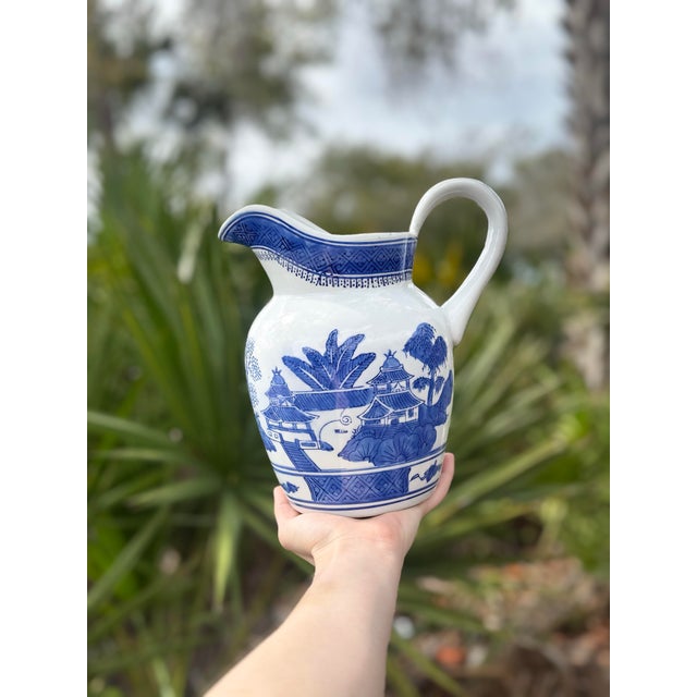 Chinese Vintage Chinese Blue & White Canton Style Porcelain Pitcher For Sale - Image 3 of 5