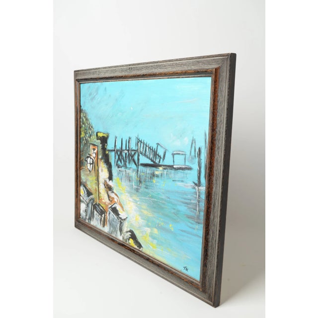 Mid-Century Modern Mid 20th Century Abstract Acrylic Painting of a Pier, Framed Signed For Sale - Image 3 of 6