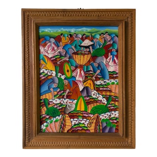 1970’s Carlo Decimus Haitian Folk Art Fruit Market Oil on Canvas Painting, Framed For Sale