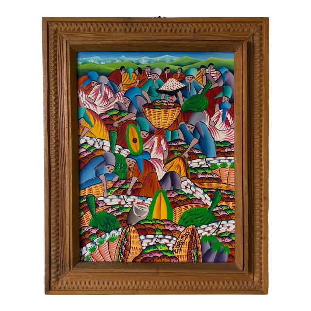 1970’s Carlo Decimus Haitian Folk Art Fruit Market Oil on Canvas Painting, Framed For Sale