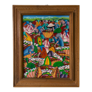 1970’s Carlo Decimus Haitian Folk Art Fruit Market Oil on Canvas Painting, Framed