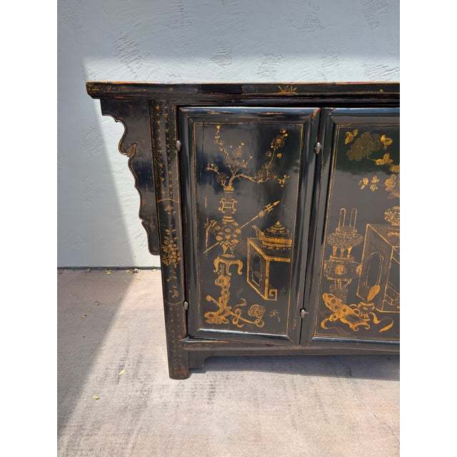 Vintage Chinese Black Lacquer Chinoiserie Sideboard W/ Hand-Painted Gilt Decoration For Sale - Image 9 of 15