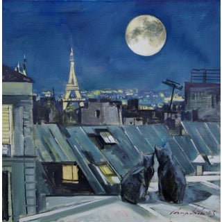 Paris Rooftops Oil Painting, Cats Under Moonlight, Ukrainian Artist 79,5-80 For Sale