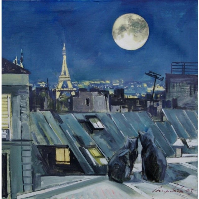 Paris Rooftops Oil Painting, Cats Under Moonlight, Ukrainian Artist 79,5-80 For Sale