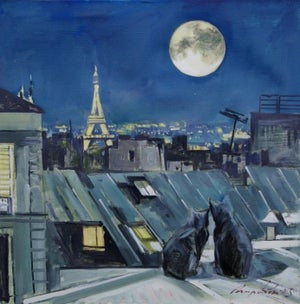 Paris Rooftops Oil Painting, Cats Under Moonlight, Ukrainian Artist 79,5-80