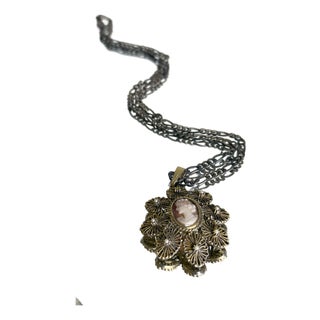 Vintage 1950s Italian 925 Sterling Silver Filigree Cameo Pendant Necklace For Sale