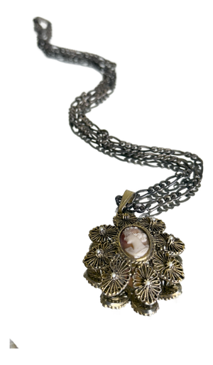 Vintage 1950s Italian 925 Sterling Silver Filigree Cameo Pendant Necklace