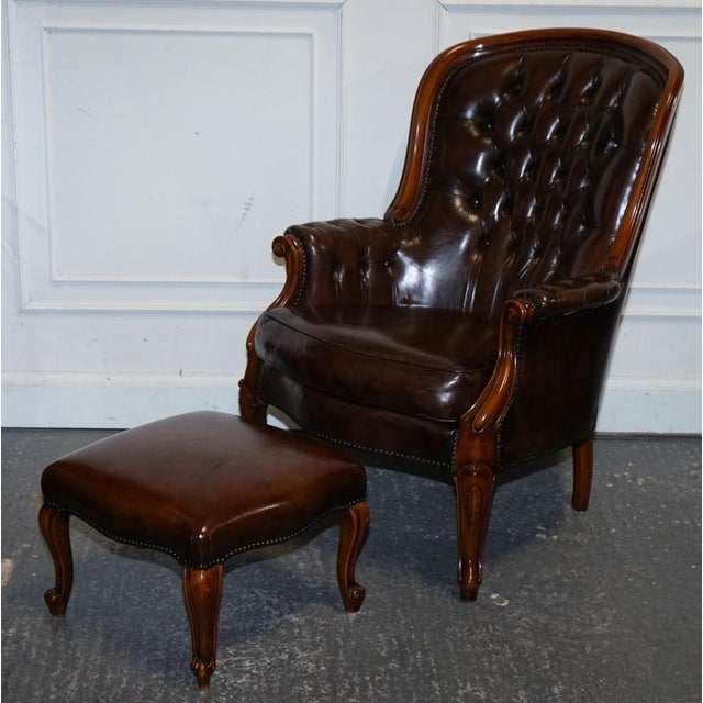 Set of Victorian Chesterfield Armchair and Ottoman in Dyed Leather For Sale - Image 17 of 18