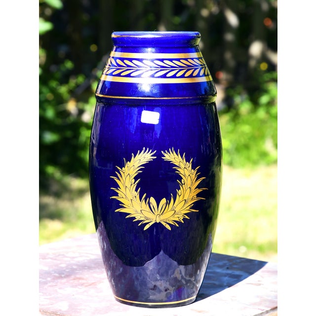 Ceramic Ceramic Vase with a Bleu De Tours Base and Gilded Decoration by Gustave Asch, Sainte-Radegonde, 1950s For Sale - Image 7 of 7