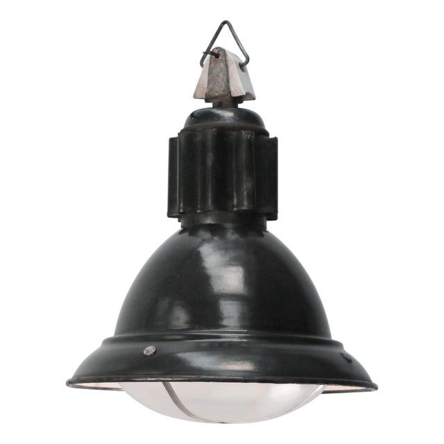 Industrial French Black Enamel and Clear Glass Factory Pendant Lamp For Sale