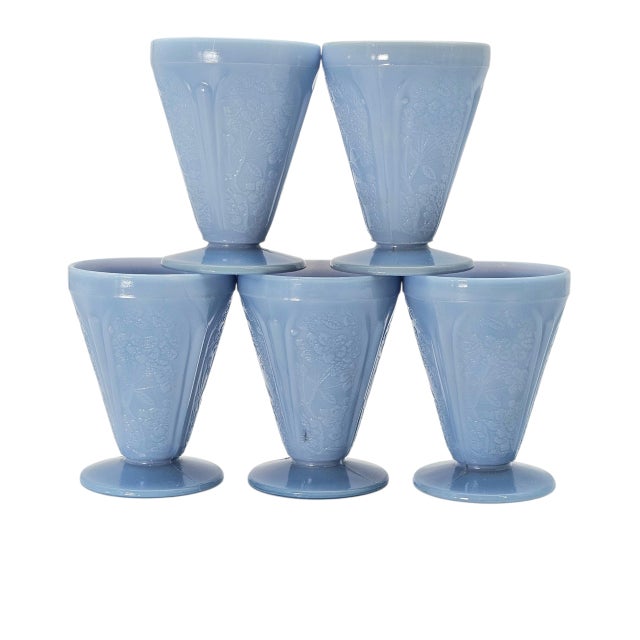 Jeannette Glass 1930s Jeanette Glass Delphite Blue Cherry Blossom Footed Juice Tumblers, Set of Five For Sale - Image 4 of 9