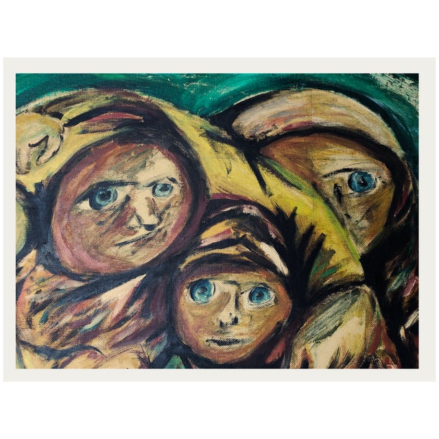 Striking, surreal, and impossible to ignore—this vintage oil painting features three hauntingly expressive figures with...