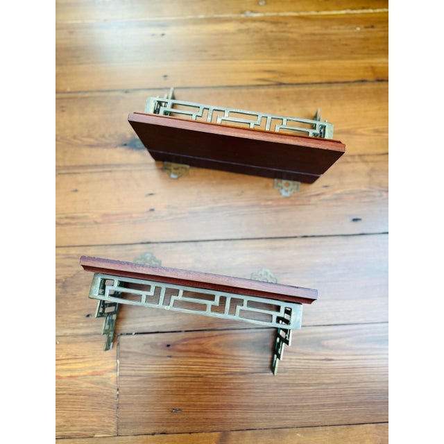 Vintage Pair of Chinoiserie Greek Key Brass and Wood Wall Shelves or Brackets For Sale - Image 4 of 7