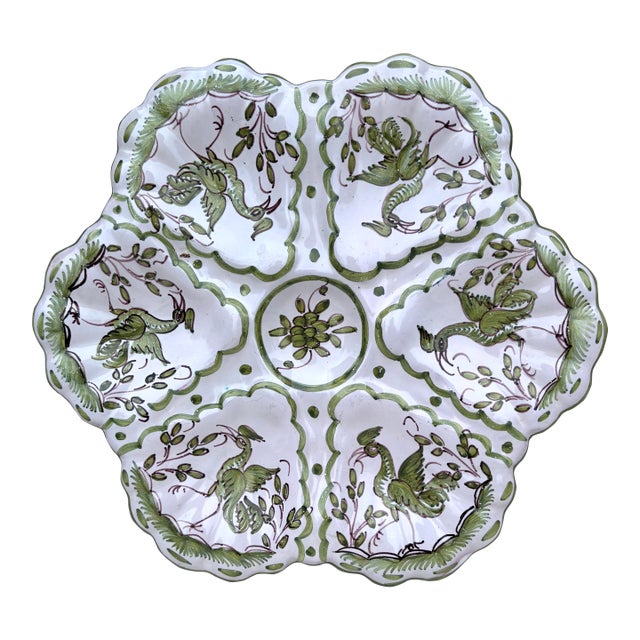 French Faience Oyster Plate With Bird Moustiers Style Circa 1940 For Sale
