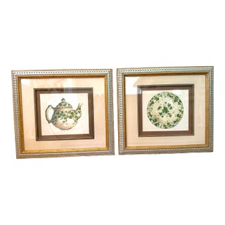 Pair of Carolyn Shores Wright “Aria” Botanical Tea Prints in Custom Windsor Art Silver & Gold Frames, 1994 For Sale