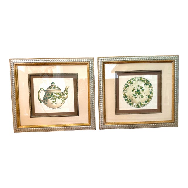 Pair of Carolyn Shores Wright “Aria” Botanical Tea Prints in Custom Windsor Art Silver & Gold Frames, 1994 For Sale
