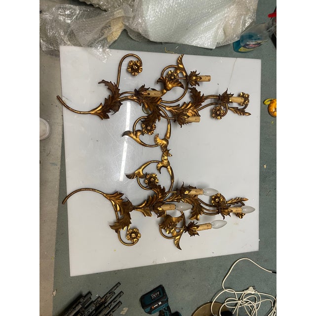 Large Florentine Gold Gilded Tole Sconces, 1960s, Set of 2 For Sale - Image 10 of 13