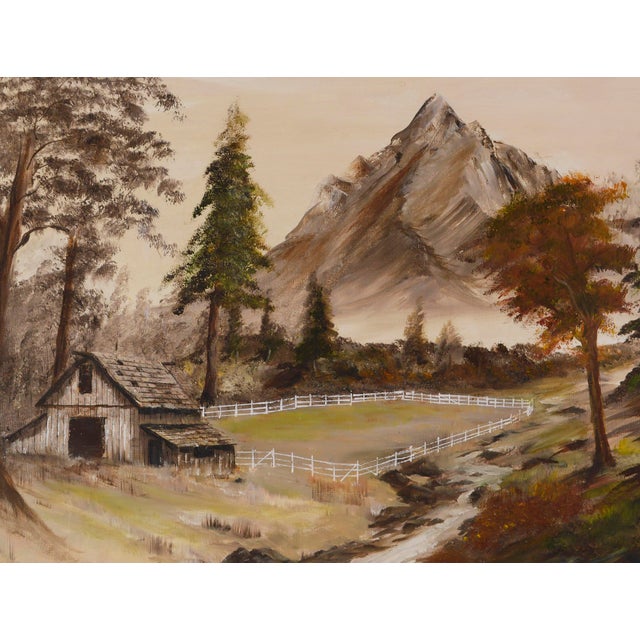 Pastoral landscape in earthy sepia tones of a farm in the mountains by Al Jones (American, 20th Century), 1999. Signed and...