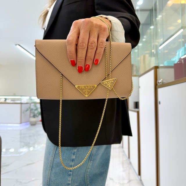 Prada Saffiano Leather Beige Color Gold Hardware Mini Wallet Bag For Sale - Image 11 of 11