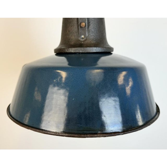 Industrial Blue Enamel Factory Lamp with Cast Iron Top, 1960s For Sale - Image 4 of 18