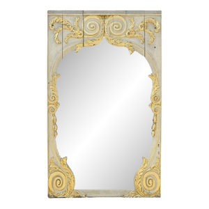 Antique French Rococo Louis XV Style 85" Gold Gilt Cream Painted Trumeau Mirror