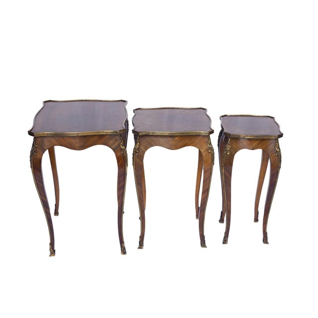 Set Three Louis XV-Style Kingwood and Parquetry Nesting Tables, French, C. 1880 For Sale - Image 4 of 13