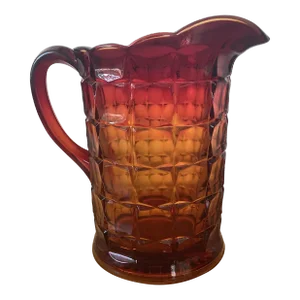 60s Red Amberina Constellation Pattern Heavy Pressed Glass Water Pitcher