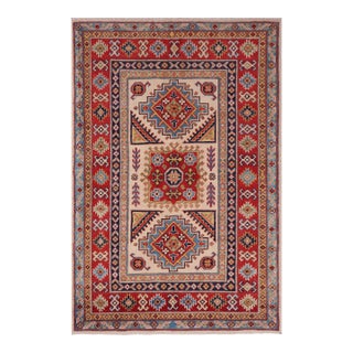 Shabby Chic Kazak Beige/Red Wool Rug - 3'5''x5'1'' For Sale