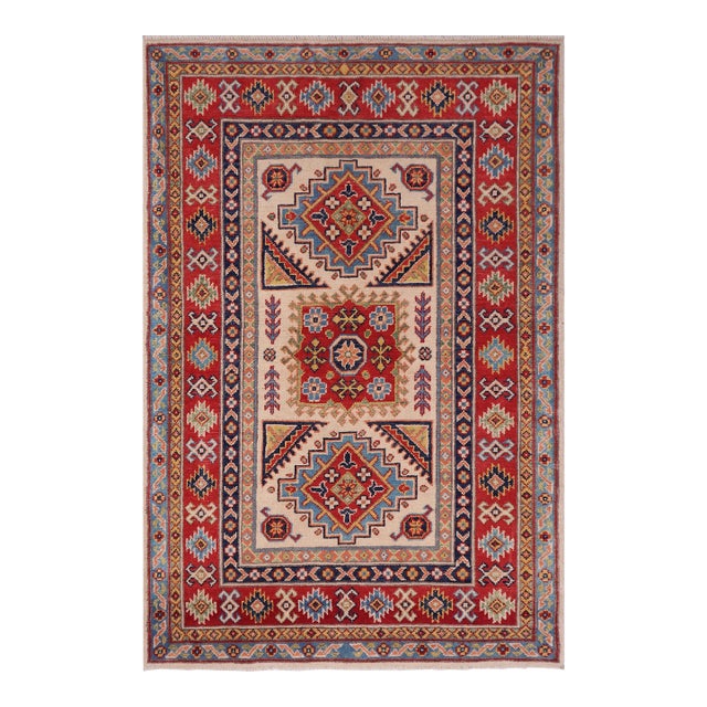 Shabby Chic Kazak Beige/Red Wool Rug - 3'5''x5'1'' For Sale