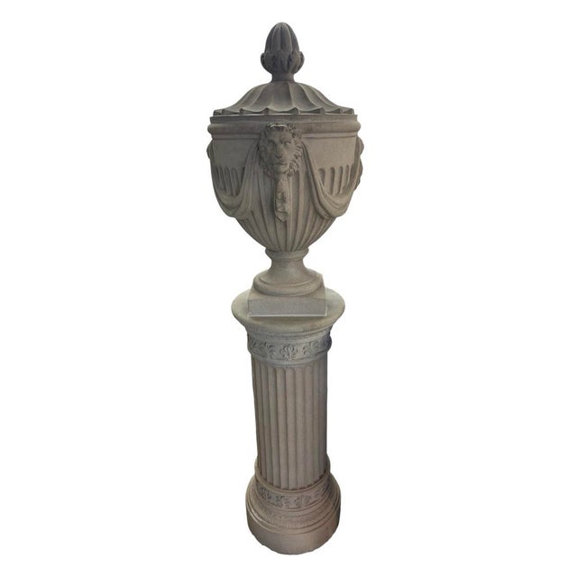 Pair of Neo-Classical Style Cast Stone Garden Urns and Pedestals For Sale - Image 4 of 12