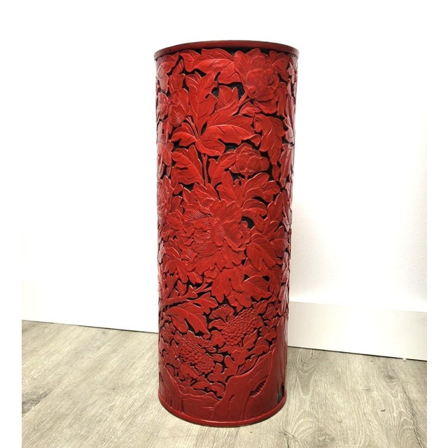 Large Carved Red Cinnabar-Style Lacquer Floor Vase or Umbrella Stand, Beijing Factory For Sale In Raleigh - Image 6 of 17