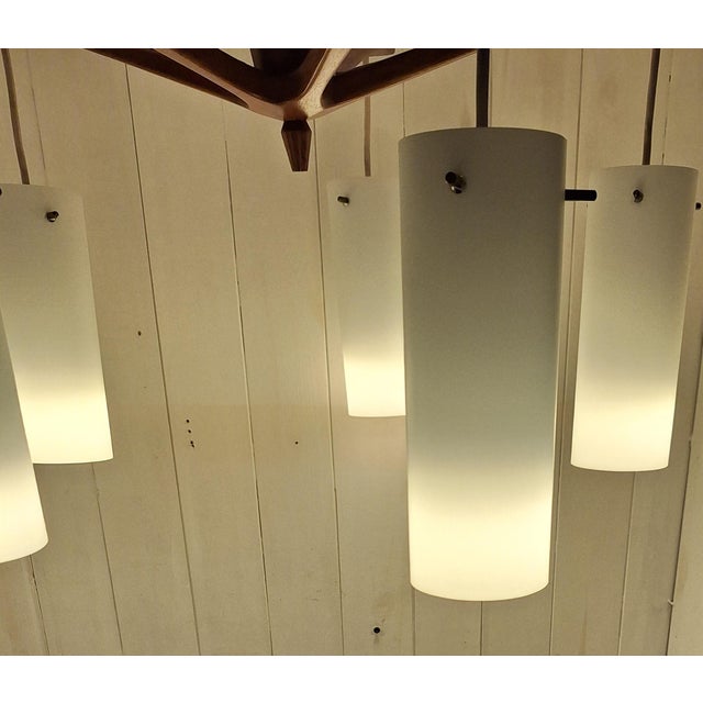 Vintage Mid-Century Danish Five-Light Ceiling Cascade Lamp with Teak Frame and White Satin Glass Shades, 1960s For Sale - Image 9 of 12