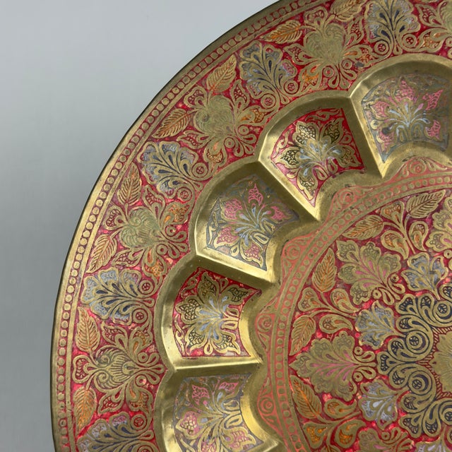 Brown Large Vintage Engraved Brass Plate with Enamels and Wooden Display Stand For Sale - Image 8 of 11