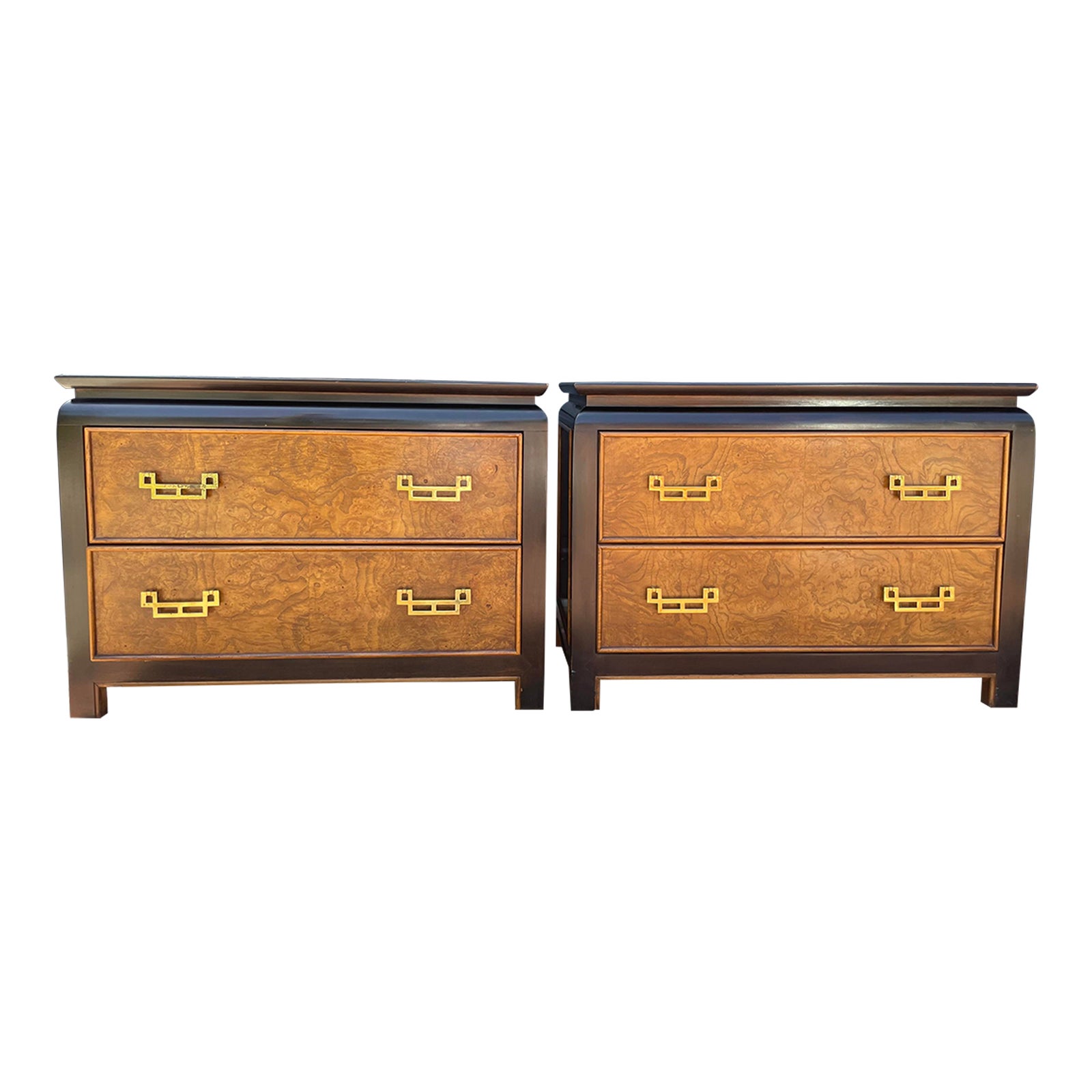 Vintage Black and Burl Wood Chinoiserie Night Stands by Century