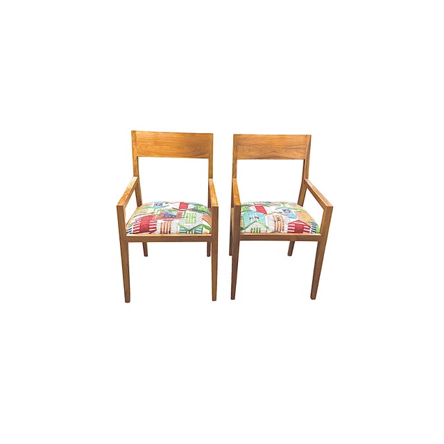 Mid Century Modern Teak Arm Chairs, Upholstered Seat, Tapered Legs, Minimalist Design For Sale - Image 4 of 9