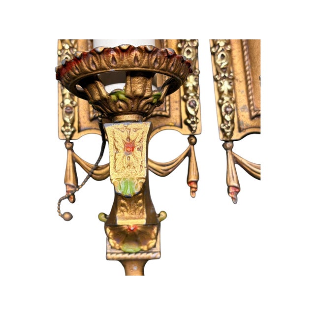 1920s Cast Aluminum Wall Sconces With Original Polychrome Finish - Pair For Sale In Los Angeles - Image 6 of 9