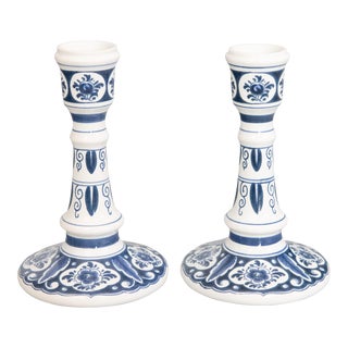 Vintage Dutch Delft Candlesticks - a Pair For Sale